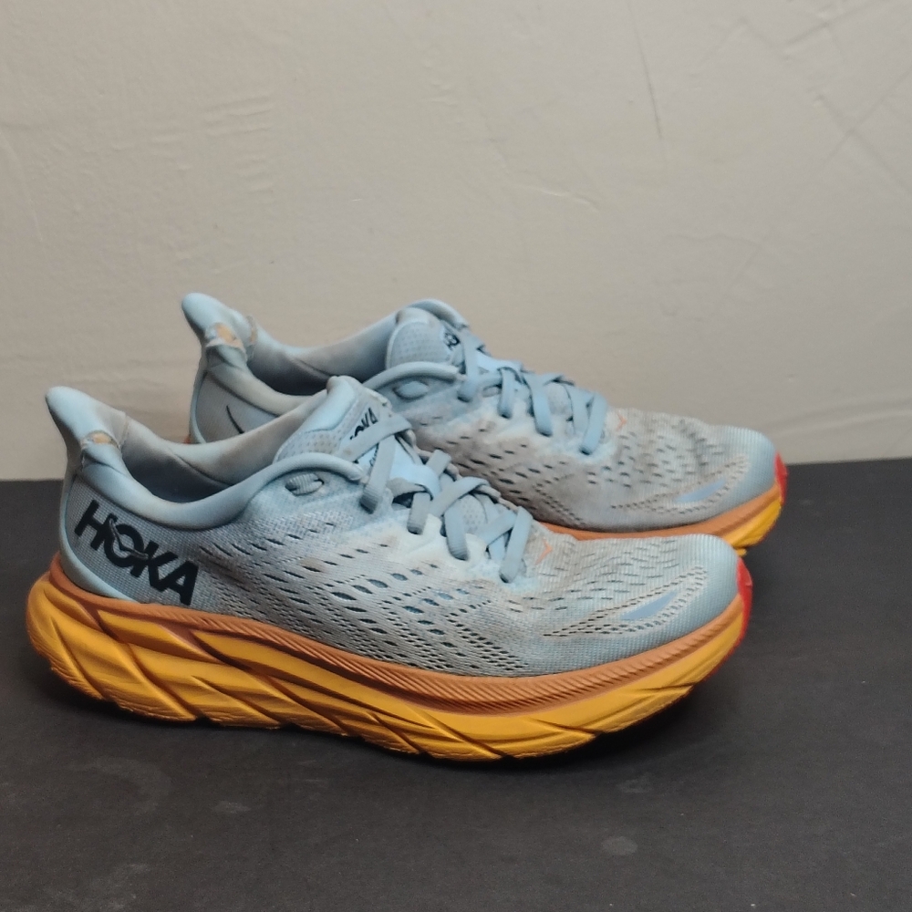 Hoka One One Womens Clifton 8 Size 7.5B Blue Orange Mesh Running Shoes 1119394